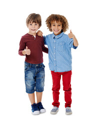 Friends, kids and portrait with smile for thumbs up and agreement isolated on png transparent...