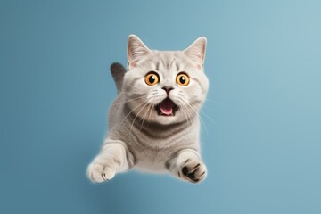 A playful funny British cat flying and looking at camera