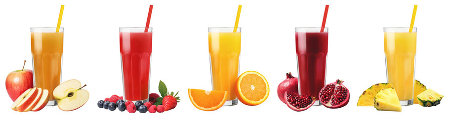 Glasses of fruit juice (apple, berry, orange, pomegranate and pineapple) isolated on transparent background - obrazy, fototapety, plakaty