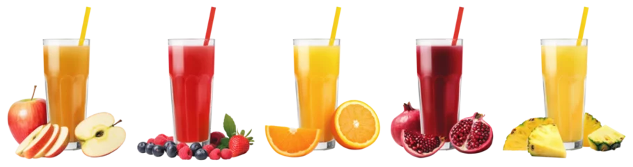 Fototapeten Glasses of fruit juice (apple, berry, orange, pomegranate and pineapple) isolated on transparent background © MW.LW