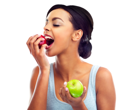 Happy woman, bite and apple for natural nutrition or diet isolated on a transparent PNG background. Face of female person, vegetarian or model eating organic fruit or food for healthy snack or meal