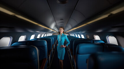 Cheerful flight attendants having posing in airplane