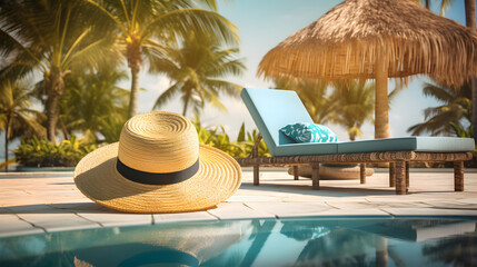 Beach lounger with straw hat and swimming pool with reflection of palm trees at the resort. Generative AI.