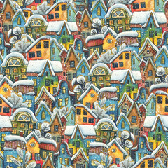 Panorama of the old city with houses with snow. Hand drawn watercolor illustration. Seamless pattern for New Year, winter and Christmas decor.