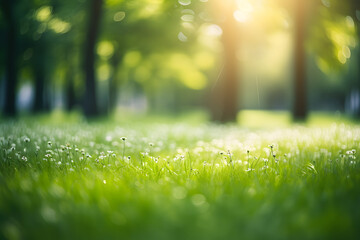 green grass blurred background with sun rays in park meadow. Generative AI.