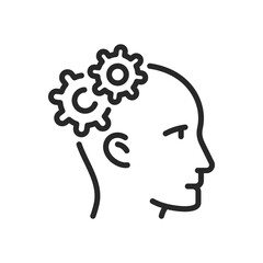 Cognition Functions Icon. Thin Linear Sing of Brain with Gears Representing Mental Processes and Cognitive Mechanics. Isolated Outline Vector Sign.
