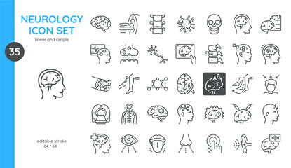 Neurology Icons Set. Thin Linear Illustrations of Brain, Neuron, Spinal cord, Synapse, MRI and CT Scan, Perceptions, Mental Health Diagnostics and Examination. Isolated Outline Vector Signs. 