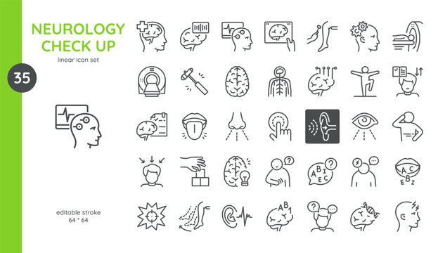 Neurology Check Up Icon. Thin Line Illustrations of Brain MRI and CT Scan Mental Health, Reflex Tests, Neurological Examinations, EEG Monitoring, Cognition functions. Isolated Outline Vector Signs.