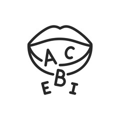 Speech Icon. Thin Linear Illustration of Oral Communication with Mouth and Flying Letters for Speaking Skills, Language and Expression Concepts. Isolated Outline Vector Sign.