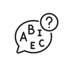 Speech Problems Icon. Thin Linear Symbol of Disordered Speech Representation with Question Mark and Letters Cloud. Isolated Outline Vector Sign.