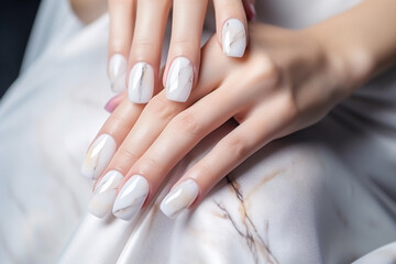 Obraz na płótnie Canvas Woman hand with marble pattern nail polish on her fingernails. White color nail manicure with gel polish at luxury beauty salon. Nail art and design. Female hand model. French manicure.