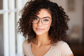 Obraz premium smiling young woman in eyeglasses over city street background