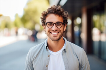 Obraz premium Portrait of a handsome young man in coat and glasses, outdoors