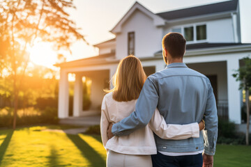 happy young couple hugging and looking at camera in front of new house