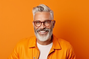 Portrait of a happy senior man in orange jacket and glasses over orange background
