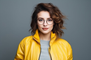 Portrait of a beautiful young woman in yellow jacket and glasses on yellow background