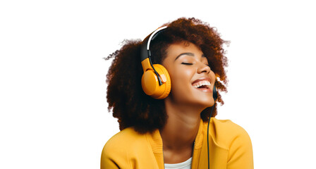 A happy smiling african-american woman wearing headphones listening to music, isolated on transparent background