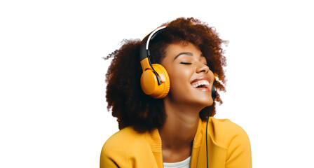 A happy smiling african-american woman wearing headphones listening to music, isolated on transparent background - Powered by Adobe