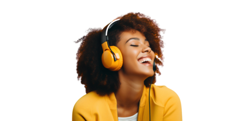 A happy smiling african-american woman wearing headphones listening to music, isolated on transparent background