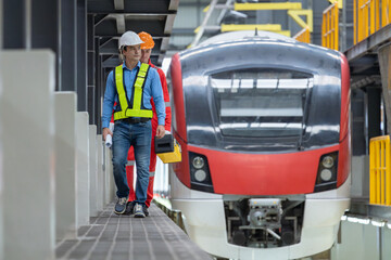 Naklejka premium Transportation engineer consults on railway system work at maintenance center