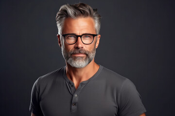 Obraz premium Portrait of a handsome mature man with grey hair and beard wearing glasses.