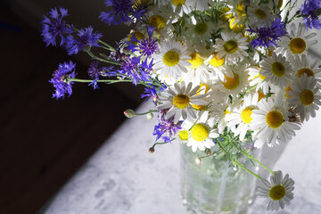 bouquet of wild summer flowers. cornflowers and daisies in a vase. white and purple flowers