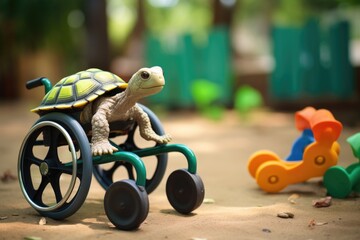 Illustration of turtle with motor disability in the park - obrazy, fototapety, plakaty