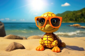 Fototapeta na wymiar Illustration of turtle on the beach with sunglasses