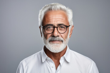 Portrait of a senior man with glasses on a gray background.