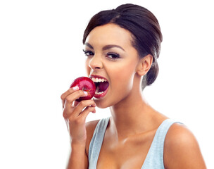 Woman, portrait and biting apple for natural nutrition or diet isolated on a transparent PNG background. Face of female person, vegetarian or model eating organic fruit, food or healthy snack or meal