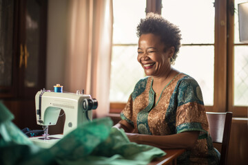 Portrait of a happy senior woman using sewing machine in her home - obrazy, fototapety, plakaty