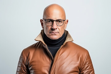 Obraz premium Portrait of a bald man in a brown leather jacket and glasses