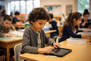 Cute little boy using tablet computer in elementary school classroom, shallow depth of field - obrazy, fototapety, plakaty