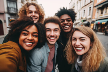 Obraz premium Portrait of a group of friends smiling and looking at camera.
