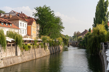 River Ljubljanica flowing through Ljubljana, Slovenia