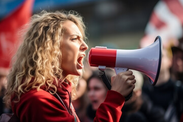 Portrait of a beautiful young woman protesting with a megaphone - obrazy, fototapety, plakaty