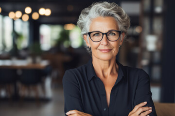 Portrait of happy senior businesswoman standing with arms crossed in office