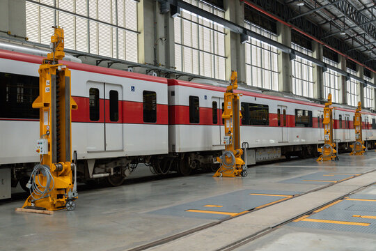 Railway system maintenance center Train parts and track systems in a train depot