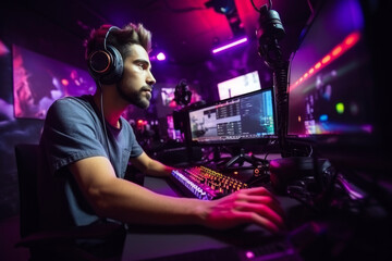Professional streamer playing online video games at night club, wearing headphones