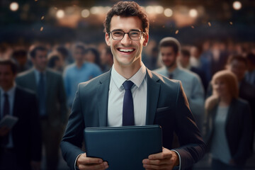Portrait d'un jeune cadre souriant devant une foule de travailleurs et managers, tenant un ordinateur portable