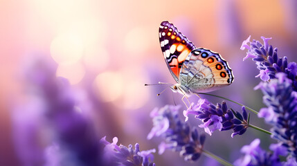 Blossoming Lavender flowers and flying butterfly in summer morning background . Purple growing Lavender panoramic view. Generative AI.