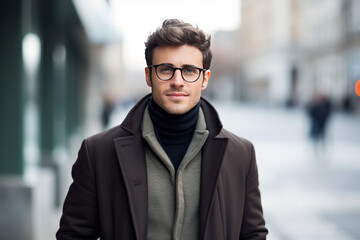 Obraz premium Portrait of a handsome young man in coat and glasses, outdoors