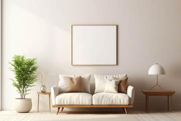 Living room with sofa couch in Scandinavian interior design with empty wooden photo frame on light wall. Mock up template copy space for text - obrazy, fototapety, plakaty