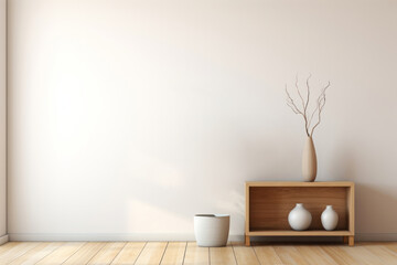 Empty room with wooden decor table in Scandinavian interior style with empty light wall. Mock up template copy space for text