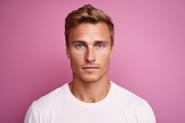 Fototapeta premium Portrait of a handsome young man in eyeglasses on pink background