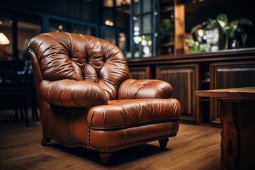 Close-up of a brown leather chair in an office