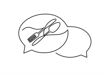 Continuous one line drawing of spoon and fork inside speech bubble one line, food one line icon. Simple one line vector 