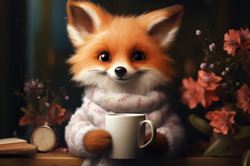 Illustration of little fox in cozy sweater with mug cup of tea coffee surrounded by flowers. Fantasy animals concept