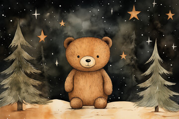 Teddy bear. Christmas New Year Drawing illustration of vintage greeting card watercolor 3:2, [3:2]