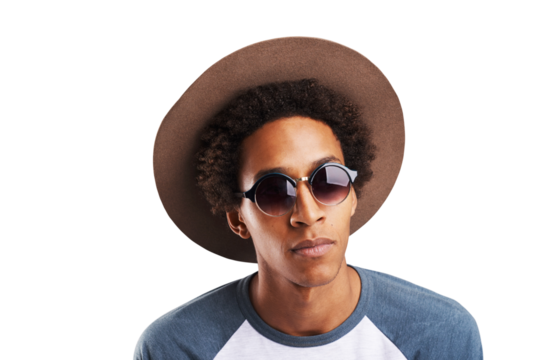 Sunglasses, fashion and face of black man with hat on isolated, png and transparent background. Attractive, accessories and person in trendy clothes, casual outfit and style with confidence and pride